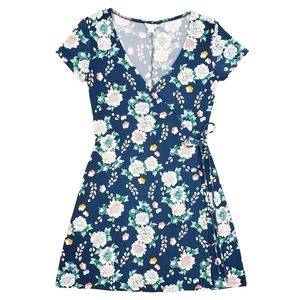 Aeropostale Floral Wrap Front Mini Dress Short Sleeve Sz S Blue Vneck Stretch